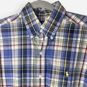 Ralph Lauren Men's Shirt Medium Blue Plaid Button 100% Cotton Custom Fit Yellow